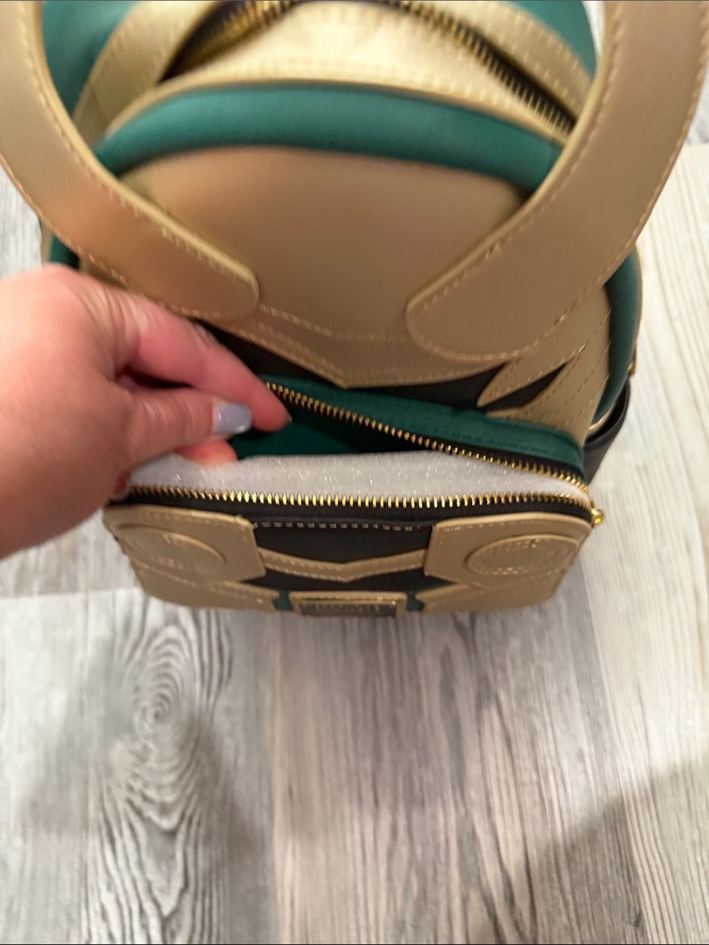 NWT Loungefly Marvel Loki Helmet Mini Backpack in Metallic Gold, Green & Black - Picture 7 of 11